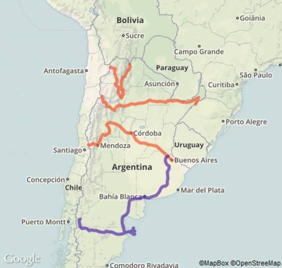 Em laranja, as três rotais pelas quais já cruzamos a Argentina nesses 1000dias. Em azul, a rota que inciamos agora, rumo a Bariloche e passando pela Península Valdez